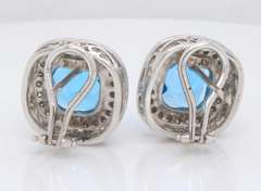 Powerful White Gold Cushion Blue Topaz and Diamond Earrings
