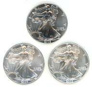 Superb Gem BU 2002, 2004, & 2005 $1 Silver Eagle coins