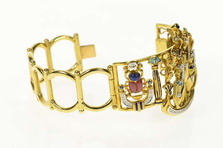 18K Yellow Gold Egyptian Hieroglyphic Diamond Bangle Bracelet
