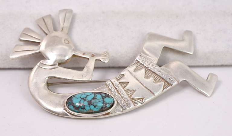 Signed Native American Man with Flute Pin in Sterling Silver