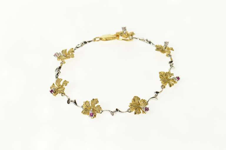 14K Yellow Gold Denny Wong Diamond Ruby Hibiscus Two Tone Bracelet