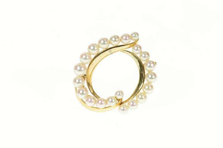 14K Yellow Gold Mikimoto Pearl Retro Swirl Statement Pin/Brooch