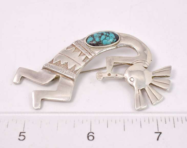 Signed Native American Man with Flute Pin in Sterling Silver