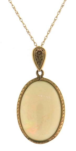 Vintage Engraved Gold Frame & Bail on Oval Opal Pendant on Chain
