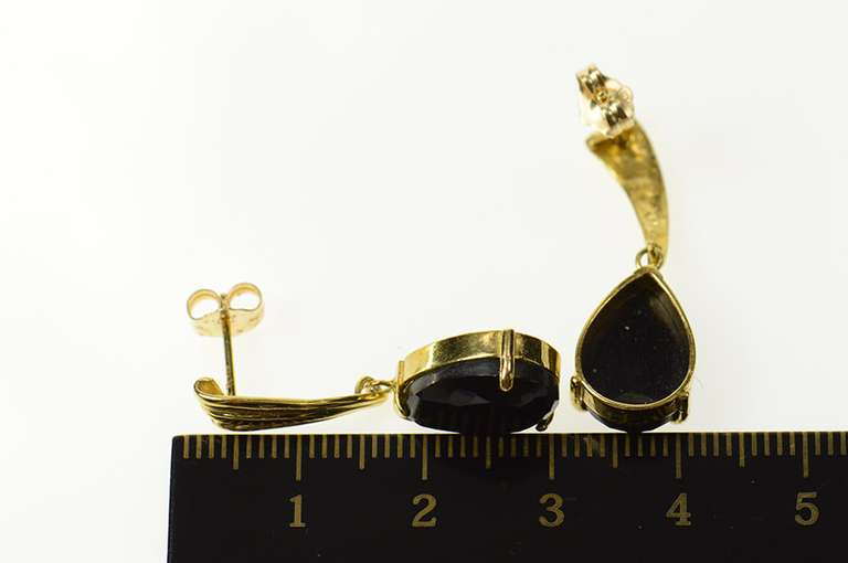 14K Yellow Gold Pear Black Onyx Dangle Drop Statement Earrings