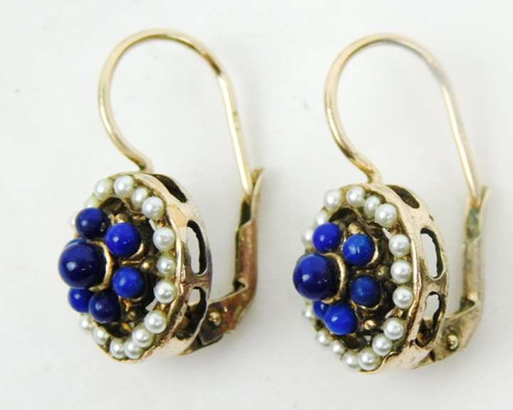Vintage Sterling Vermeil Lapis & Seed Pearl Earrings