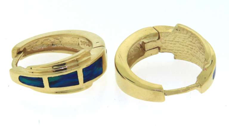 Charming Yellow Gold Opal Inlay Hoops