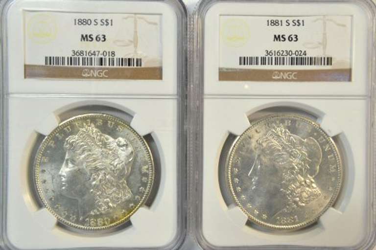Choice BU 1880-S & 1881-S Morgan Silver Dollar. NGC MS63