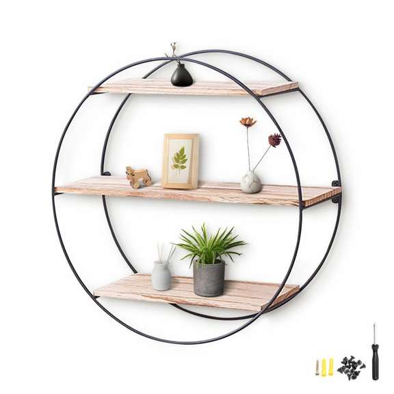 Round Metal Shelf Retro Metal Wood Wall-mounted