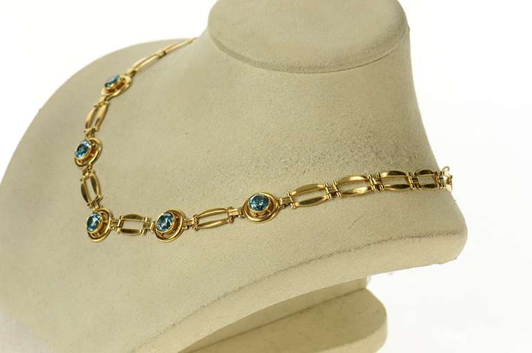 14K Yellow Gold Blue Topaz Retro Doubled Bar Link Collar Necklace