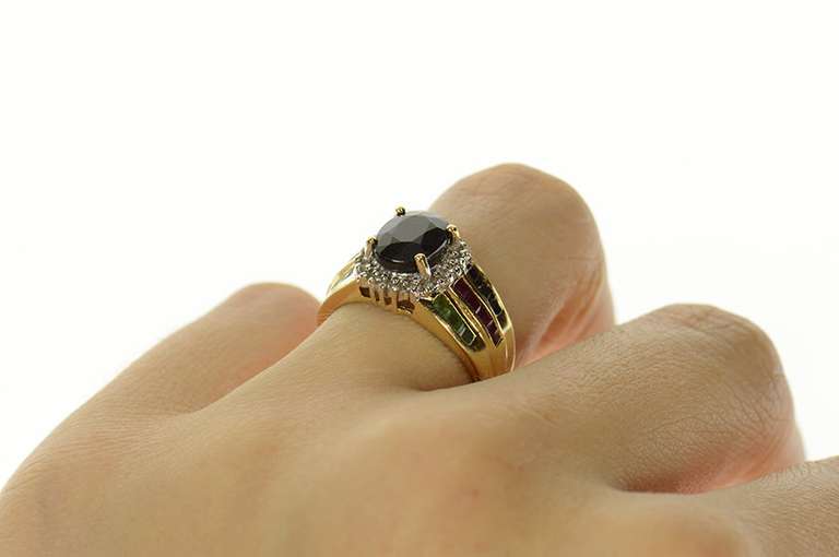 14K Yellow Gold Oval Sapphire Diamond Halo Ruby Emerald Ring