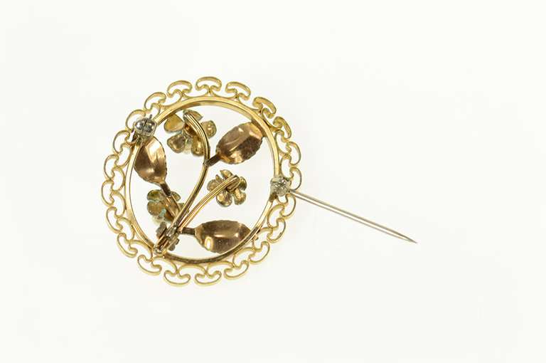 10K Yellow Gold Ornate Enamel Retro Forget Me Not Filigree Pin/Brooch