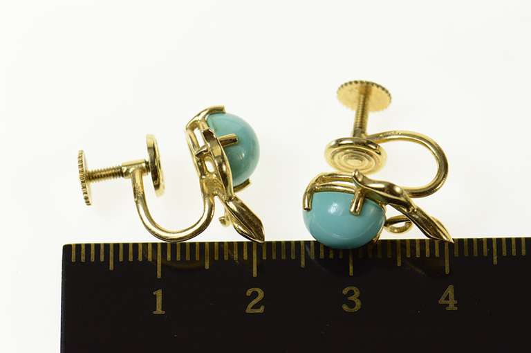 14K Yellow Gold Oval Turquoise Cabochon Screw Back Earrings