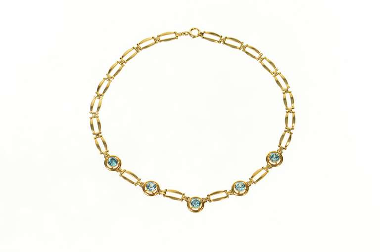 14K Yellow Gold Blue Topaz Retro Doubled Bar Link Collar Necklace