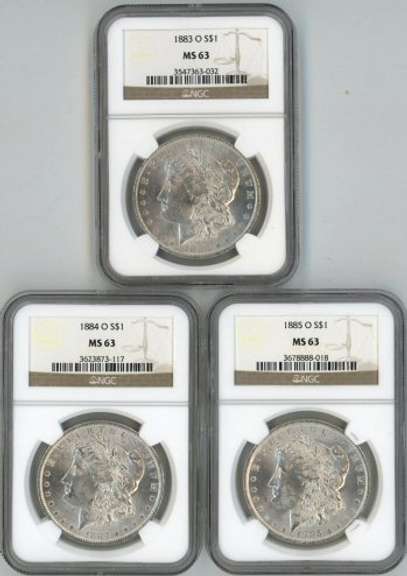 Choice BU 1883-O, 84-O, & 85-O Morgan Dollars. NGC MS63