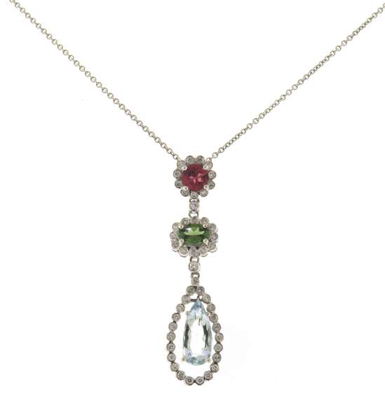 Dreamy White Gold Tourmaline & Aquamarine w Diamond Halo Dangle Pendant