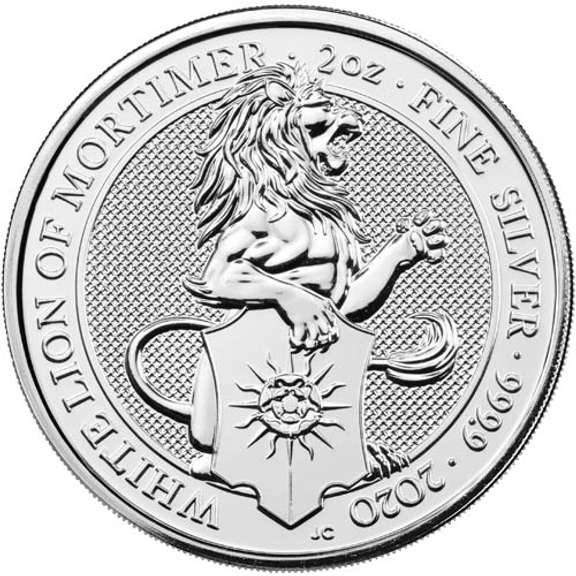 2020 White Lion Of Mortimer 5 Pound Queens Beast 2oz .999 Silver Coin.