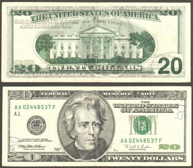 $20 1996 FRN Offset Error Face on Back Extremely Fine