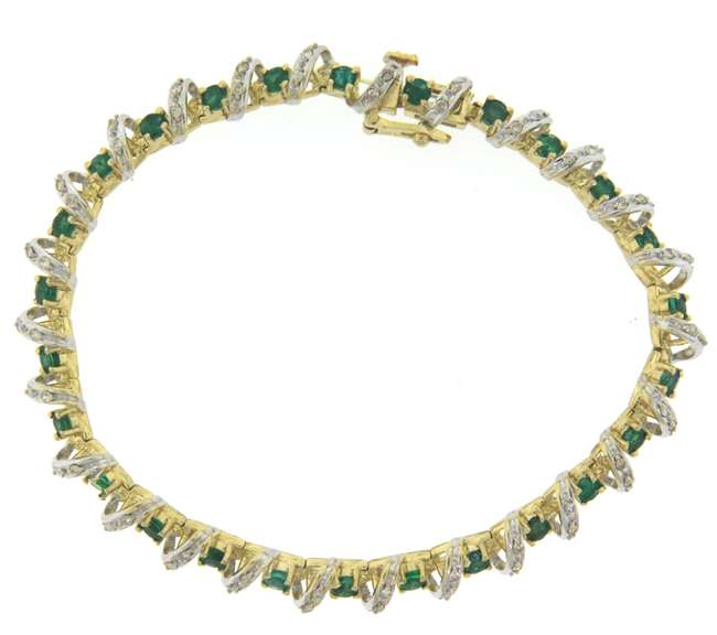 Romantic 14kt Two-Tone Gold Emerald and Single Cut Diamond Bracelet
