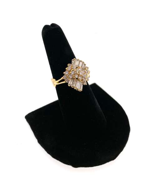 Unique Round & Baguette Diamond Cluster Ring in 14kt Yellow Gold