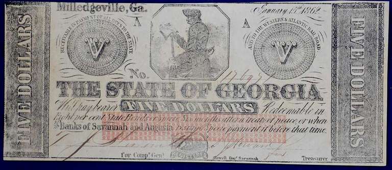 January 15th 1862 Milledgeville GA Five Dollars, Rare (red Protector Low Over Signatures) Uncirculated.