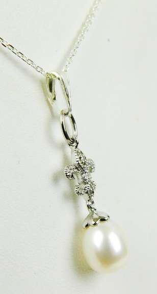 Sterling Pearl & Diamonds Fleur-De-Lis Necklace