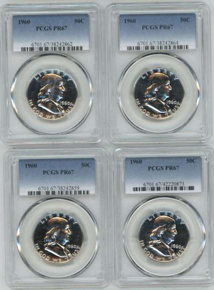 4 Superb PCGS PR67 graded 1960 Franklin Half Dollars.