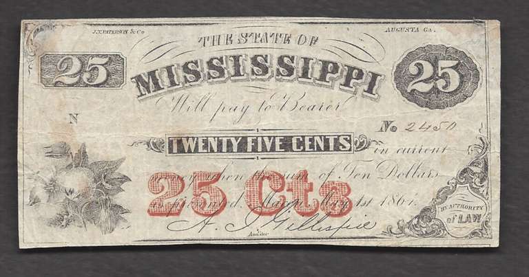 25 cent Obsolete from the State of Mississippi 1864