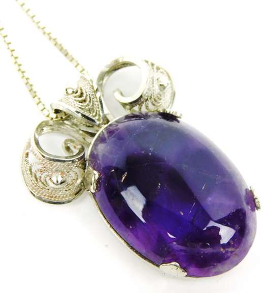Vintage Large Sterling Filigree & Amethyst Necklace