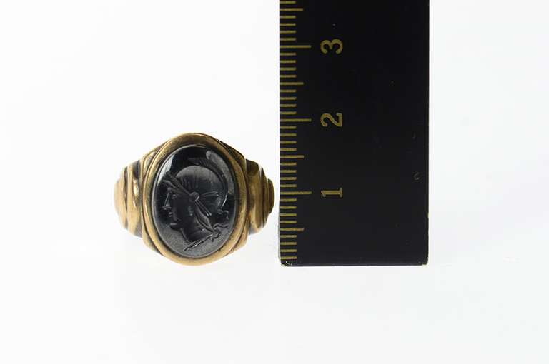 10K Yellow Gold Ornate Carved Hematite Intaglio Retro Ring