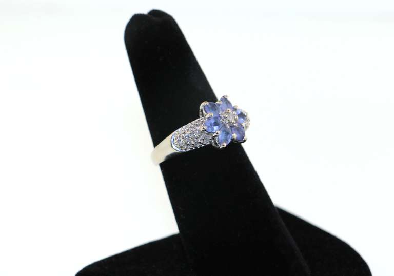 14kt White Gold Floral Iolite Design Cluster Ring with diamonds