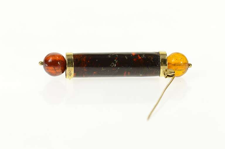 10K Yellow Gold Amber Ball Pillar Retro Bar Statement Pin/Brooch