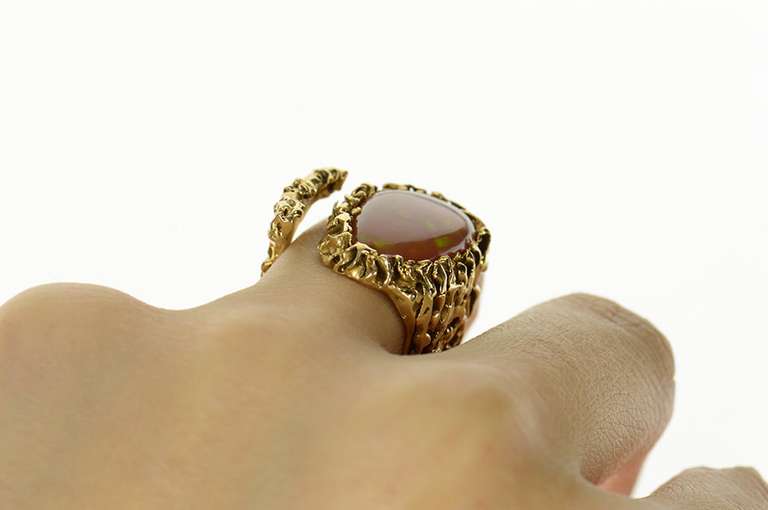 14K Yellow Gold Mexican Fire Opal Textured Statement Ring