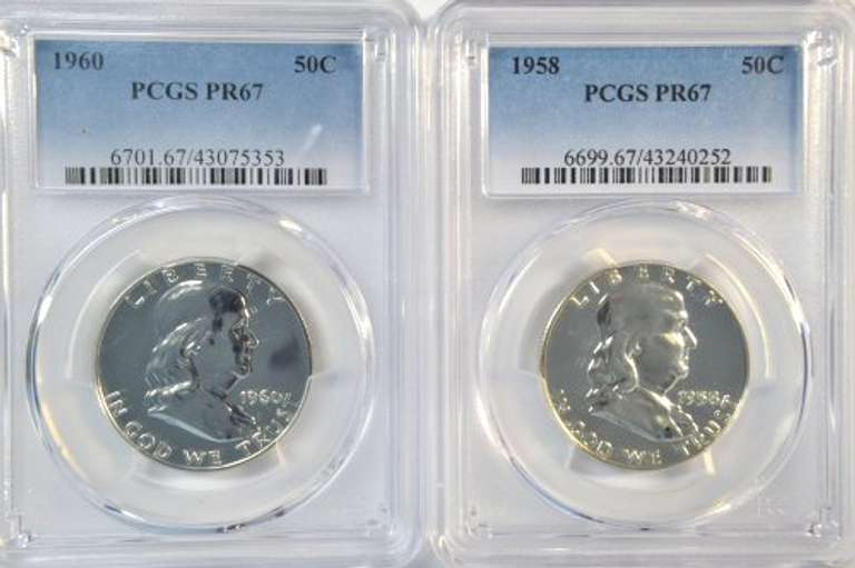 Super PCGS PR67 graded 1958 & 1960 Franklin Half Dollars