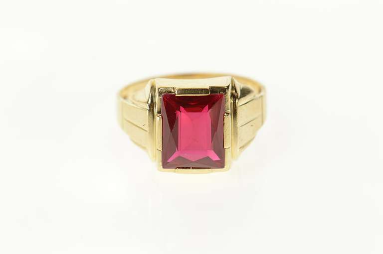 10K Yellow Gold Retro 1930's Syn. Ruby Classic Statement Ring