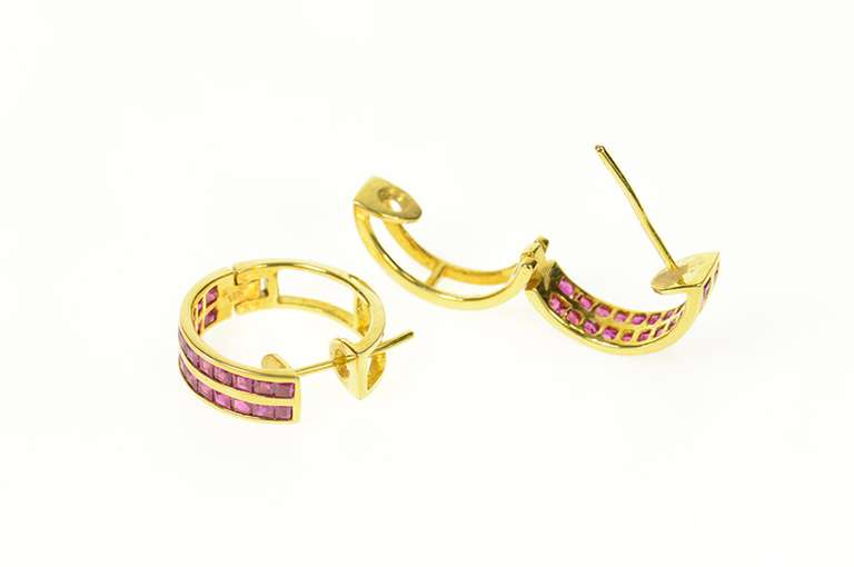 18K Yellow Gold Princess Ruby Encrusted Hoop Earrings