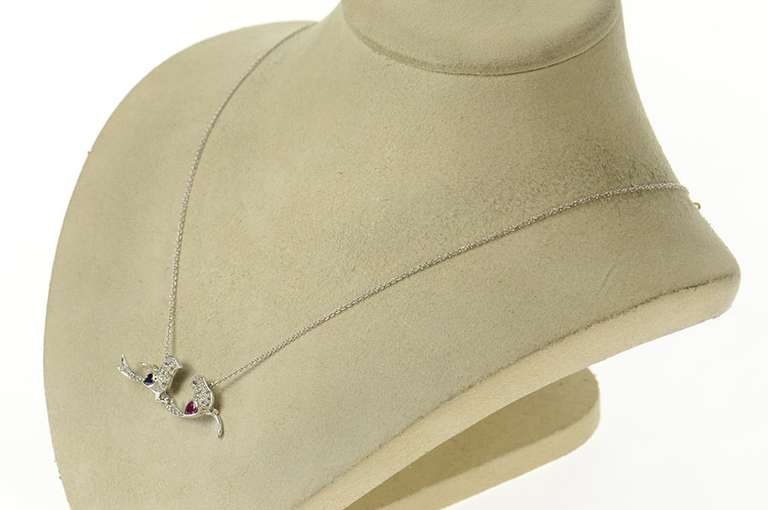 18K White Gold Sapphire Ruby Love Birds Pave Diamond Chain Necklace