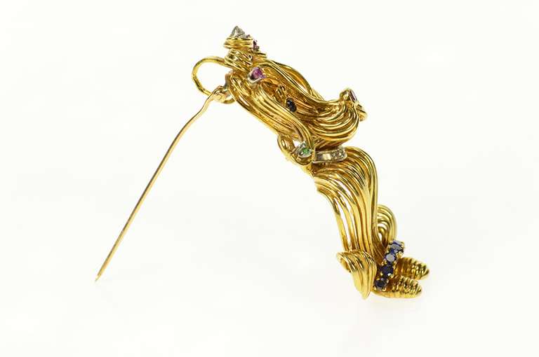 18K Yellow Gold 60's Poodle Emerald Ruby Diamond Statement Pin/Brooch