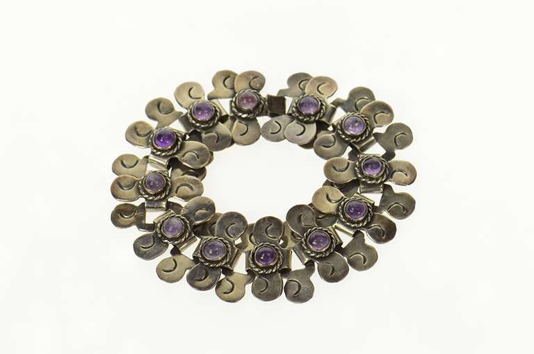 Sterling Ornate Taxco Amethyst Swirl Link Mexican Bracelet