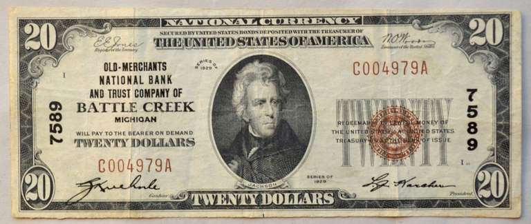 $20 1929 Series OLD Merchants Natl Bank & Trust Co Battle Creek Michigan National Note