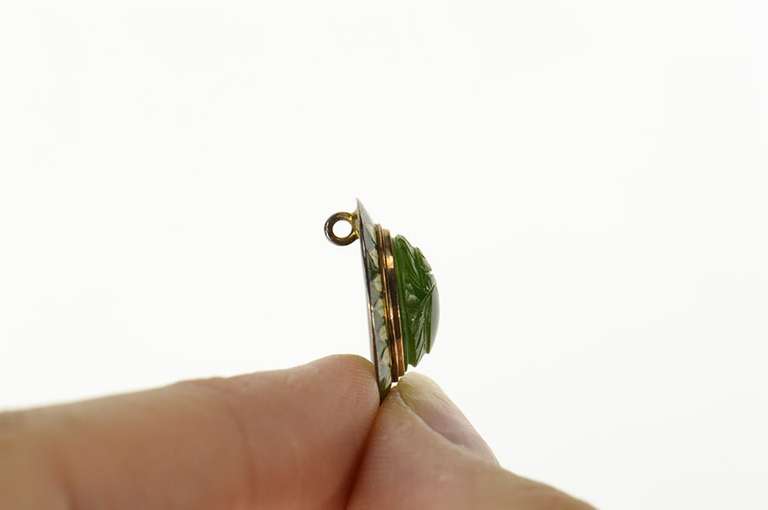14K Yellow Gold Ornate Green Agate Scarab Enamel Detail Charm/Pendant