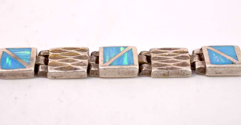 Sterling Silver Blue Gemstone With Green Streaks Bracelet.