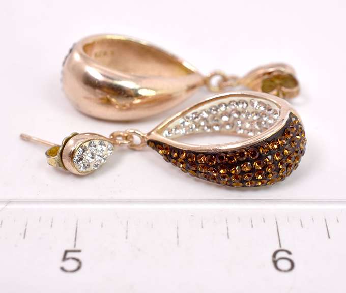 Sterling Silver Clear And Amber Colored Gemstone Earrings.