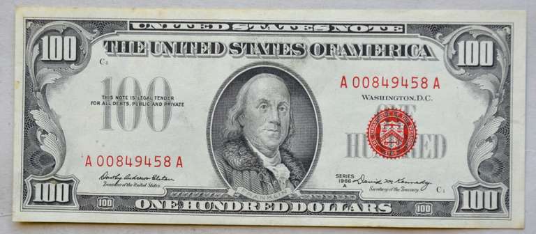 $ 100 Red Seal 1966A Kennedy Red Seal US Note