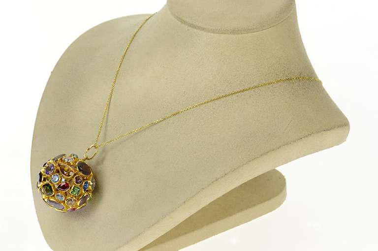18K Yellow Gold 1960's Multi Gemstone Sputnik Ball Statement Pendant