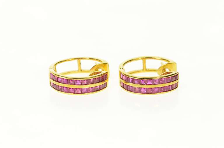 18K Yellow Gold Princess Ruby Encrusted Hoop Earrings