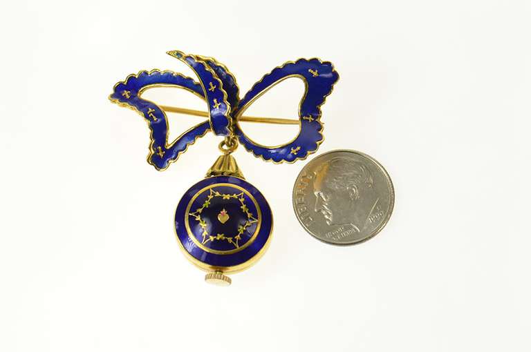 18K Yellow Gold Altair Victorian Blue Enamel Watch Bow Pin/Brooch