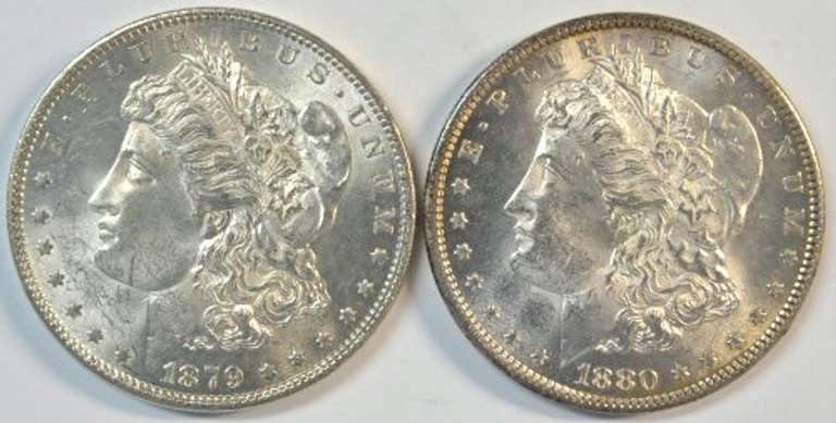 Very Choice BU 1879 & 1880 Morgan Silver Dollars. Nice