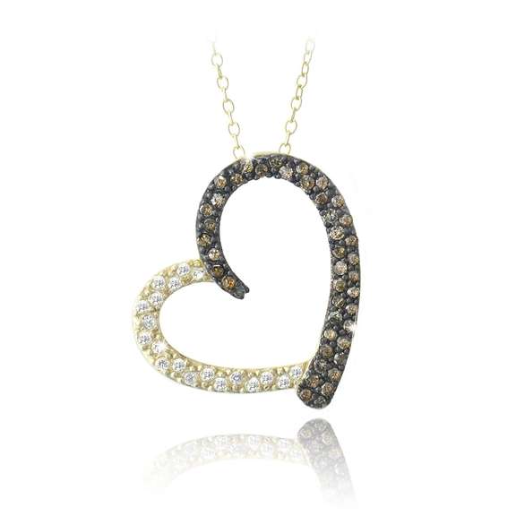 Gold Tone over Sterling Silver 2/5ct Champagne Diamond & White Topaz Open Floating Heart Necklace