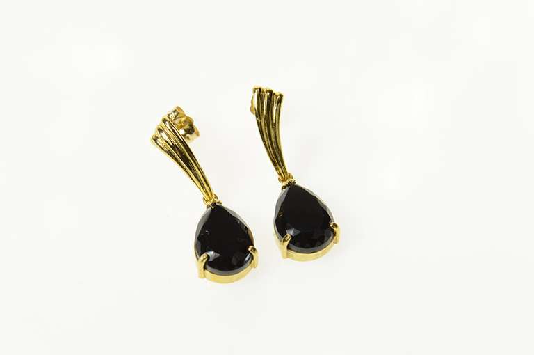 14K Yellow Gold Pear Black Onyx Dangle Drop Statement Earrings